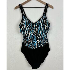 Miraclesuit Black/ Blue Dot V-Neck Double Strap One Piece Swimsuit Size 16